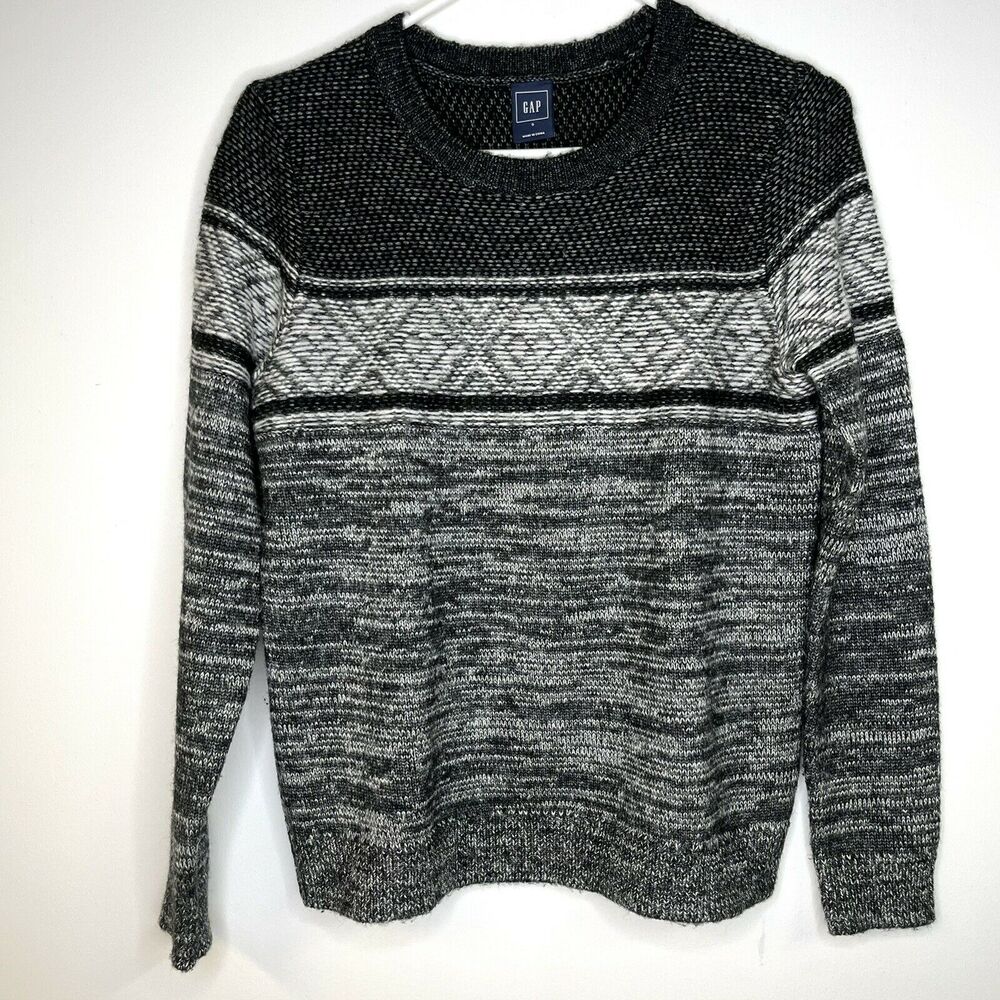 Gap Black Grey Wool Blend Fair Isle Nordic Knit Pullover Sweater size small